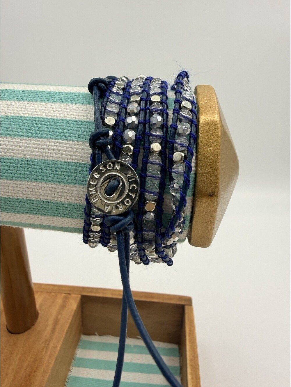 Victoria Emerson Beaded Wrap Bracelet Blue Leather Boho Crystal Jewelry